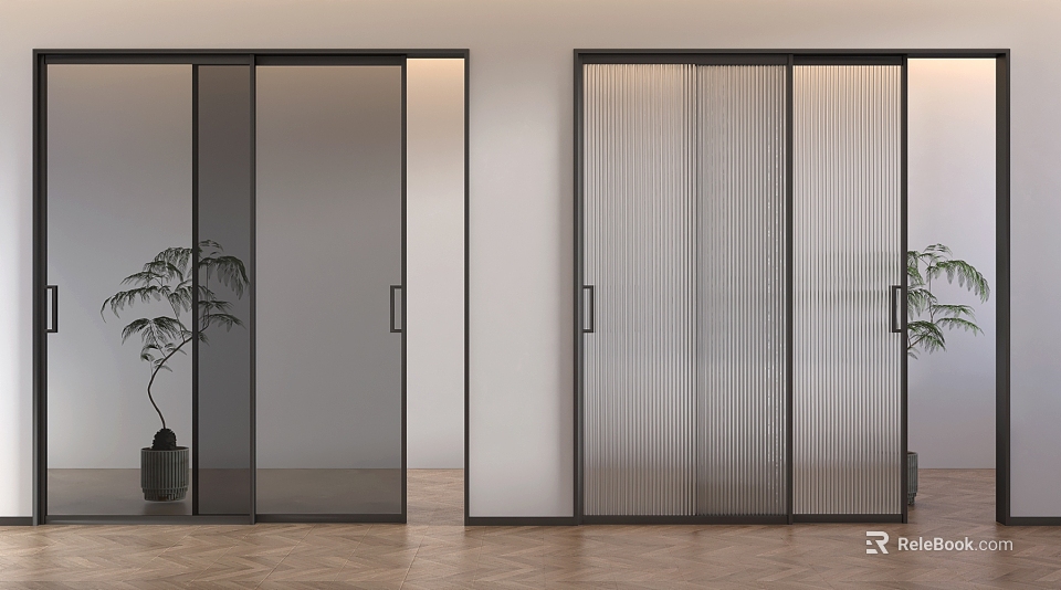 Modern Interior Sliding Doors with Clear and Ribbed Glass Black Frames in Contemporary Room 3d model 