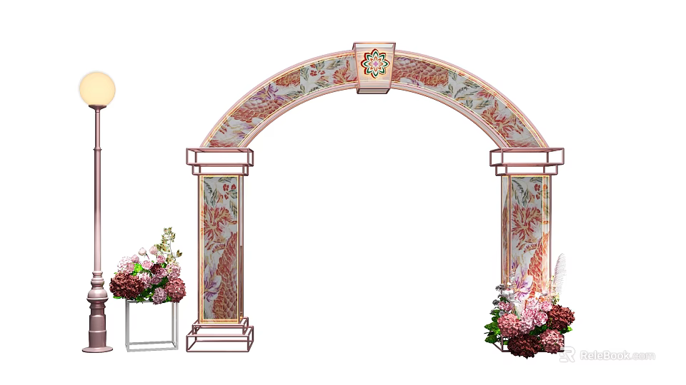 Decorative Arched Event Archway With Floral Patterns Columns And Flower Arrangements 3d model 