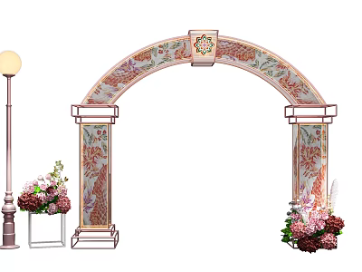 Decorative Arched Event Archway With Floral Patterns Columns And Flower Arrangements 3d model