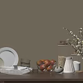 White Ceramic Dinnerware Set With Glass Cups Fruit Bowl And Wooden Shelf