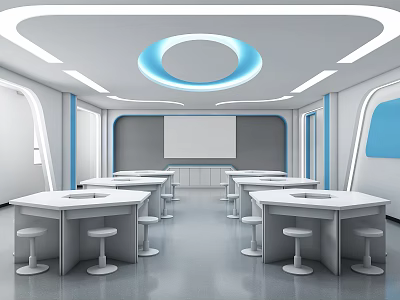 Modern School Classroom Interior Design With Round Ceiling Light White Screen Hexagonal Tables And Stools 3d model