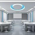 Modern School Classroom Interior Design With Round Ceiling Light White Screen Hexagonal Tables And Stools 3d model