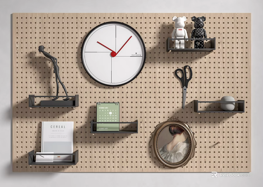 Pegboard Wall Decor With Clock Figurine Shelves Scissors And Frame 3d model