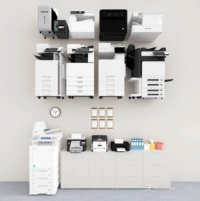 Modern Office Appliances Including Multifunctional Printers Copiers And Scanners On Shelves 3d model 