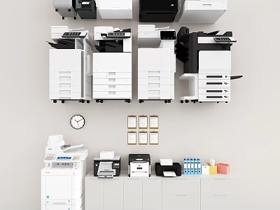 Modern Office Appliances Including Multifunctional Printers Copiers And Scanners On Shelves 3d model