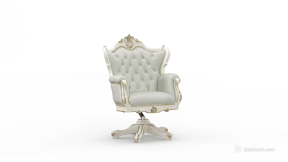 Classic Style Accent Chair With Carved Frame Light Gray Leather Upholstery Button Tufted Back And Swivel Base 3d model 
