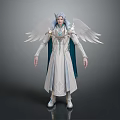 Game Movie Character In White Robe With Blue Cape Silver Headpiece And White Wings
