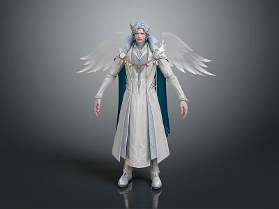 Game Movie Character In White Robe With Blue Cape Silver Headpiece And White Wings 3d model