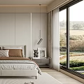 Modern Bedroom Interior With King Bed Brown Grey Pillows Large Window View And Green Plant