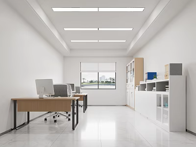 Modern Office Interior With White Walls Ceiling Lights Wooden Desks White Cabinets And Window View 3d model