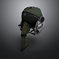 Green Military Weapon Helmet With Black Visor And Mechanical Components