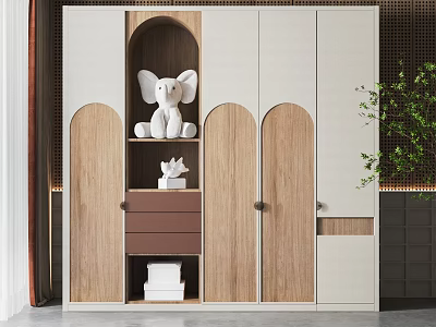 Modern Wardrobe Design With Wooden White Panels Arched Doors Drawers Shelves And Elephant Decor Books 3d model