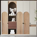 Modern Wardrobe Design With Wooden White Panels Arched Doors Drawers Shelves And Elephant Decor Books