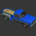Blue Pickup Truck Loaded With Yellow Grain On Dark Reflective Surface