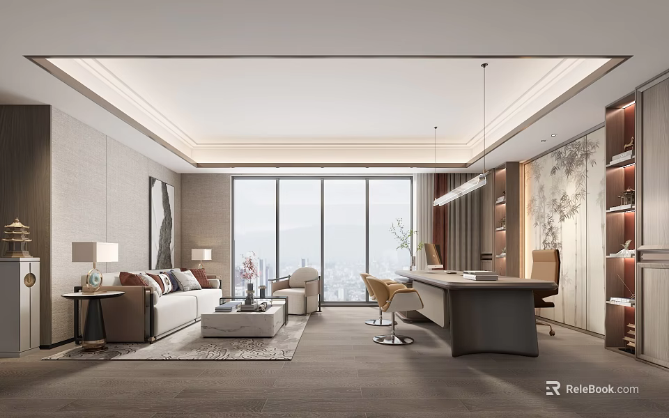 Modern Office Interior With Open Layout Large Windows Sofa Area And Desk 3d model