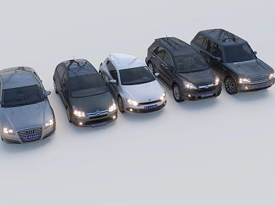 Various Car Models Parked In A Row With Headlights On And Diverse Designs 3d model