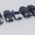 Various Car Models Parked In A Row With Headlights On And Diverse Designs