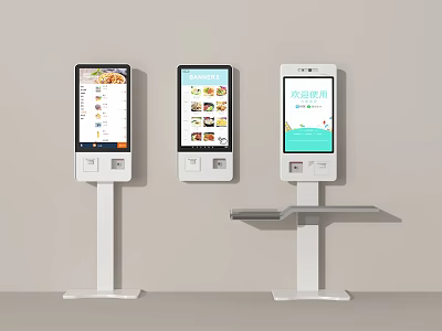 Public Facility Self Service Kiosks with Digital Menu Displays and White Pedestals 3d model