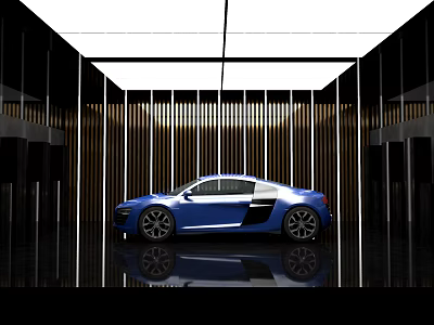 Modern Exhibition Hall Design With Blue Sports Car Wooden Stripes And Reflective Floor 3d model