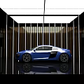 Modern Exhibition Hall Design With Blue Sports Car Wooden Stripes And Reflective Floor