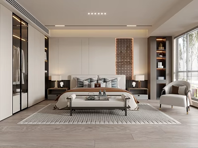 Modern Bedroom Interior Design With Bed Nightstands Lamps Bench Rug Accent Chair And Wooden Panels 3d model
