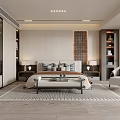 Modern Bedroom Interior Design With Bed Nightstands Lamps Bench Rug Accent Chair And Wooden Panels