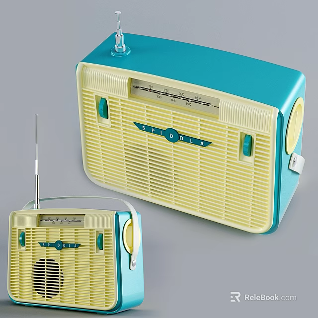 Vintage Retro Audio Radio with Blue Yellow Design Portable Antenna and Knobs 3d model 