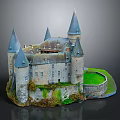 Medieval Stone Castle Architecture With Multiple Pointed Roof Towers And Green Lawn
