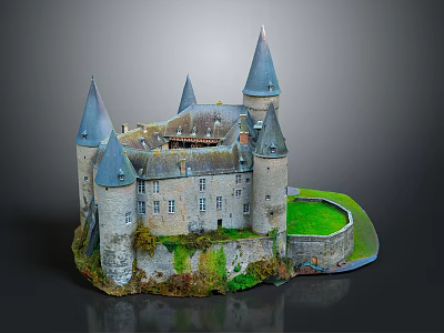 Medieval Stone Castle Architecture With Multiple Pointed Roof Towers And Green Lawn 3d model