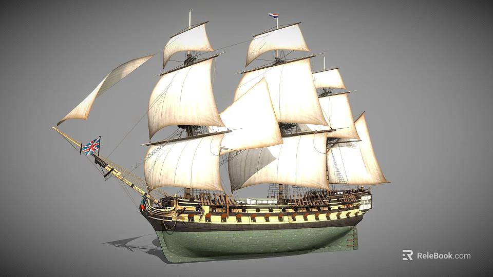 Wooden Sailing Ship With Multiple White Sails Green Hull And Union Jack Flag 3d model 