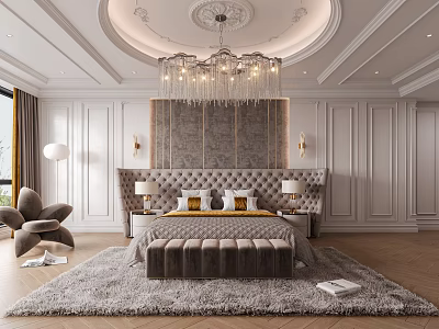 Luxurious Bedroom Interior Design With Tufted Headboard Chandelier Area Rug Accent Chair And Wainscoting Walls 3d model