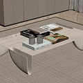 Modern Light Wood Coffee Table With Books White Cups And Tray On Beige Rug