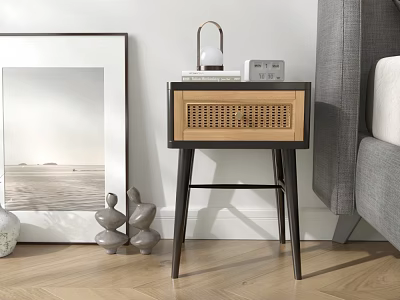 Modern Wooden Bedside Table With Woven Drawer Lamp Small Clock Books And Decorative Figurines 3d model