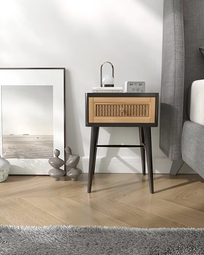Modern Wooden Bedside Table With Woven Drawer Lamp Small Clock Books And Decorative Figurines 3d model