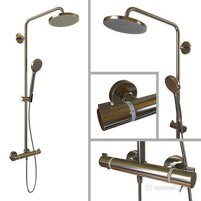 Silver Metal Shower Faucet with Handheld Overhead Showerhead and Control Valve 3d model 