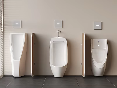 Three Modern Wall Mounted White Ceramic Urinals In Public Restroom Interior Design 3d model