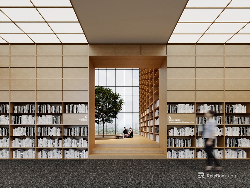 Spacious Library Interior With Wooden Bookcases And Large Windows 3d model 
