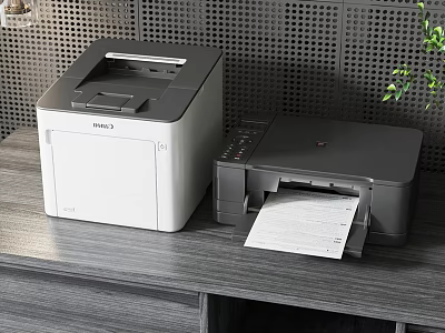 Office Appliances White And Black Printers On Wooden Desk With Perforated Wall And Green Plant 3d model