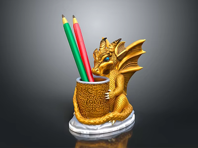 Golden Dragon Shaped Pencil Holder With Red Green Yellow Pencils And White Patterned Base 3d model