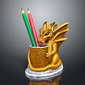 Golden Dragon Shaped Pencil Holder With Red Green Yellow Pencils And White Patterned Base