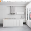 Modern White Kitchen Interior With Stainless Steel Range Hood And Island Counter