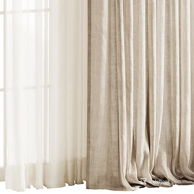 Neutral Linen Curtains With Sheer Panels Creating Soft Light In Modern Home Interior 3d model 