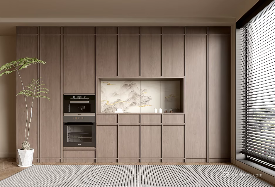 Modern Wooden Entryway Cabinet And Side Cabinet With Decorative Plant Design 3d model 