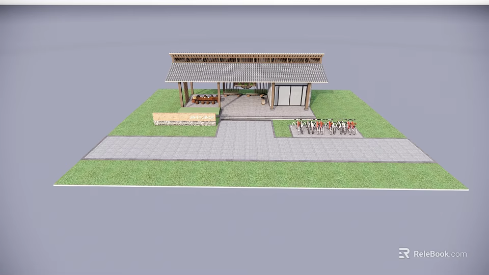 Traditional Post Station With Wooden Roof Stone Pavement Grass Area And Rest Seating 3d model 