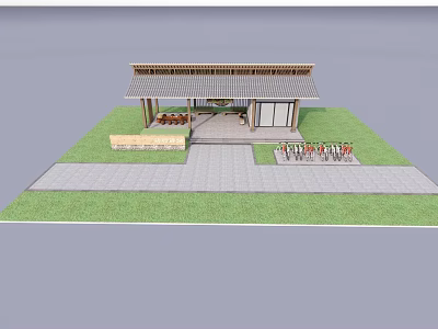 Traditional Post Station With Wooden Roof Stone Pavement Grass Area And Rest Seating 3d model