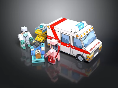 Emergency Scene Components With Toy Ambulance Medical Staff Stretcher And Equipment 3d model