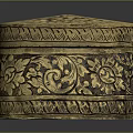 Decorative Showcase Shelf Displaying Golden Carved Box With Intricate Floral Patterns