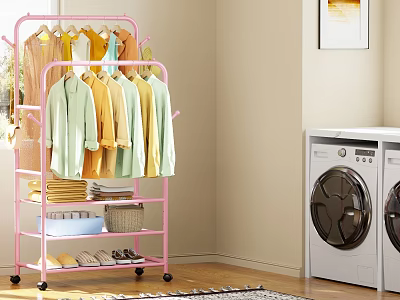 Pink Clothes Rack With Hanging Folded Clothes Baskets And Shoes In Laundry Room 3d model
