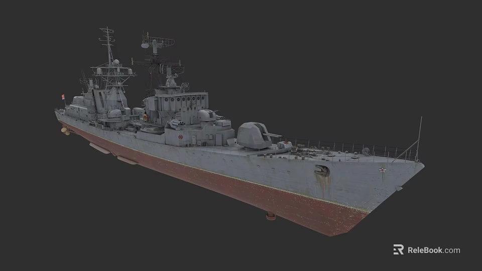 Gray Warship Naval Vessel With Upper Deck Radar Systems And Red Bottom 3d model