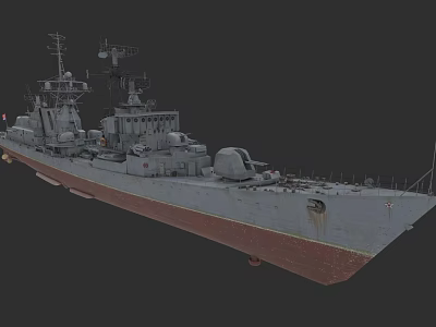 Gray Warship Naval Vessel With Upper Deck Radar Systems And Red Bottom 3d model